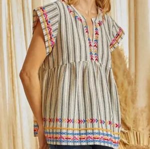 NWT Savannah Jane Arrow Embroidered Boho Womens Babydoll Tunic Top Blouse Sz XL